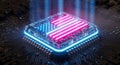 Glowing American flag on futuristic CPU, technology innovation, digital data flow, blue lights Royalty Free Stock Photo