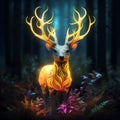 Glowing Antlered Deer In Dark Forest - Detailed Character Design