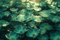 Glowing Aqua Blossoms Water Surface. Aqua flowers spread across water's surface, reflecting sunlight