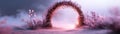 A glowing archway, draped in colorful spring vines, stands in the midst of a misty meadow, inviting exploration into an