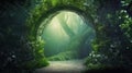 Glowing archway in magical forest landscape. Spectacular fantasy scene with a portal archway covered Royalty Free Stock Photo