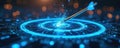 Glowing arrow hits bullseye center of blue digital target. Circuit board tech background with light particles shows data flow. Royalty Free Stock Photo