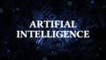 A glowing artificial intelligence word on the scattered text background. Futuristic technology desktop wallpaper on the dark