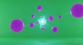 Glowing Atomic Core with Orbiting Purple Spheres and Particle Trails on a Green Background Royalty Free Stock Photo