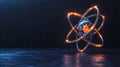 Glowing Atomic Structure Orbiting Digital Earth on Dark Reflective Surface Royalty Free Stock Photo