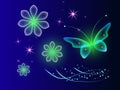 Glowing background with magic butterflies and sparkling flower.