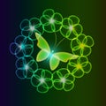 Glowing background with magic butterflies and sparkling flowers.. Royalty Free Stock Photo