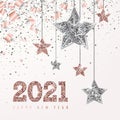 2021 Glowing Banner with Numbers and Hanging Rose Gold and Silver Stars on blush Background with scattering confetti and foil