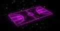 Glowing basketball court image over black background with floating golden particles