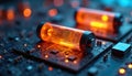 Glowing battery cell on circuit board. Electronic components and microchips visible. Power storage and energy generation concept. Royalty Free Stock Photo