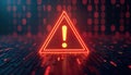 Glowing binary code background shows red alert sign. Digital tech alert icon represents cybersecurity threat data breach. Urgent