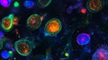 Glowing bioengineered cells under microscope, breakthrough in biotech research Royalty Free Stock Photo