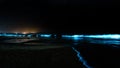 Glowing bioluminescent beach with glowing waves