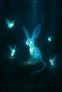 Glowing Bioluminescent Fantasy Creatures in Enchanted Dark Forest at Night Royalty Free Stock Photo