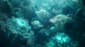 Glowing Bioluminescent Microscopic Algae Colony in the Mysterious Deep Sea Abyss - 3D Rendered Captivating Organic Textures and Royalty Free Stock Photo