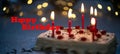 Glowing birthday cake on magical bokeh background with sparkles and text happy birthday