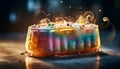 A glowing birthday cake with multi colored icing and candy decorations generated by AI