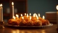 A glowing birthday plate with traditional Hanukkah candles and candy generated by AI