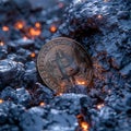 Glowing Bitcoin Amidst Molten Lava Rocks