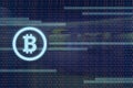 Glowing Bitcoin. Binary code. Big data information mining technology. Electronic payments. Virtual electronic money