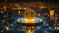 A glowing Bitcoin coin stands on a digital platform surrounded by radiant golden lights and reflective blue surface