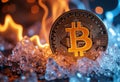 A glowing Bitcoin coin surrounded by ice and flames, symbolizing volatility Royalty Free Stock Photo