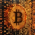 Glowing bitcoin cryptocurrency coin rotating over flowing binary code data stream suggesting blockchain technology and Royalty Free Stock Photo