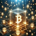 Glowing Bitcoin cube in digital network