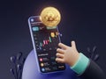 A glowing Bitcoin floats above a mobile screen displaying a cryptocurrency graph, held by a cute 3D hand in a dark background