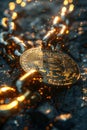 A glowing bitcoin on a reflective surface with a chain wrapped around it