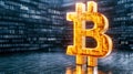 Glowing bitcoin symbol and binary code, exploring cryptocurrency and blockchain technology