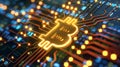 Glowing Bitcoin Symbol on Circuit Board