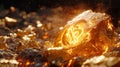 Glowing Bitcoin symbol emerging from a burning rock surrounded by gold, concept of cryptocurrency mining blockchain technology Royalty Free Stock Photo
