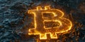 Glowing Bitcoin symbol emerging from dark, abstract surface. Concept of cryptocurrency mining blockchain technology and digital Royalty Free Stock Photo