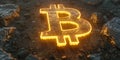 Glowing Bitcoin symbol emerging from dark, rocky ground. Concept of cryptocurrency mining blockchain technology digital assets Royalty Free Stock Photo