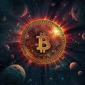 glowing bitcoin wallpaper in cosmos background Royalty Free Stock Photo