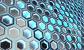 Glowing black and blue hexagons background pattern on silver metal surface