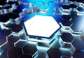Glowing black and blue hexagons podium background pattern. Hexagonal metal Mockup with lights and reflections. 3D rendering