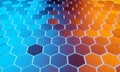 Glowing black blue and orange hexagons background pattern on silver metal surface 3D rendering