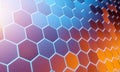 Glowing blue and orange hexagons background pattern on silver metal surface 3D rendering