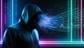 glowing black hacker hood with binary code and digital effects creates mysterious atmosphere. image evokes sense of intrigue and