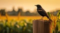 Glowing Blackbird Perched On Fence Post In Lush Corn Field