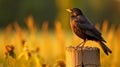Glowing Blackbird Perched On Wooden Post In Lush Field