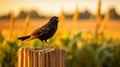 Glowing Blackbird Perched On Wooden Post In Lush Field