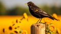 Glowing Blackbird Perched On Wooden Stake In Lush Farm Field