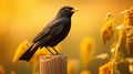 Glowing Blackbird On Wooden Post In Lush Cornfield - Warm Tones Photography