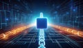 glowing blockchain block in digital chain, symbolizing successful transactions and innovation in technology. vibrant colors