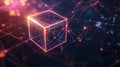 A glowing blockchain cube floating in dark space, connected to a web of encrypted data lines, cyberpunk, neon colors, 3D render