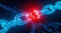 glowing blockchain link breaking apart red explosion digital security failure cyber attack risk disruption technology concept Royalty Free Stock Photo