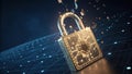 glowing blockchain lock with smart contract code, symbolizing security